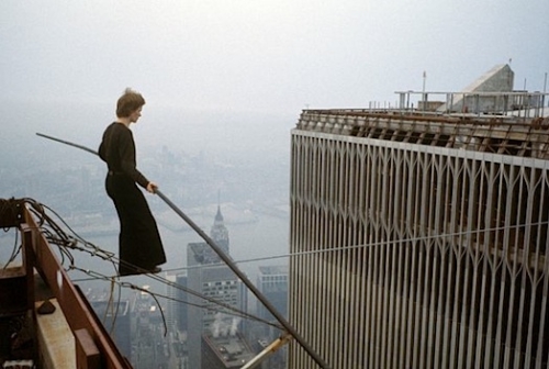 Philippe Petit on his wire walk between the Twin Towers in August 1974