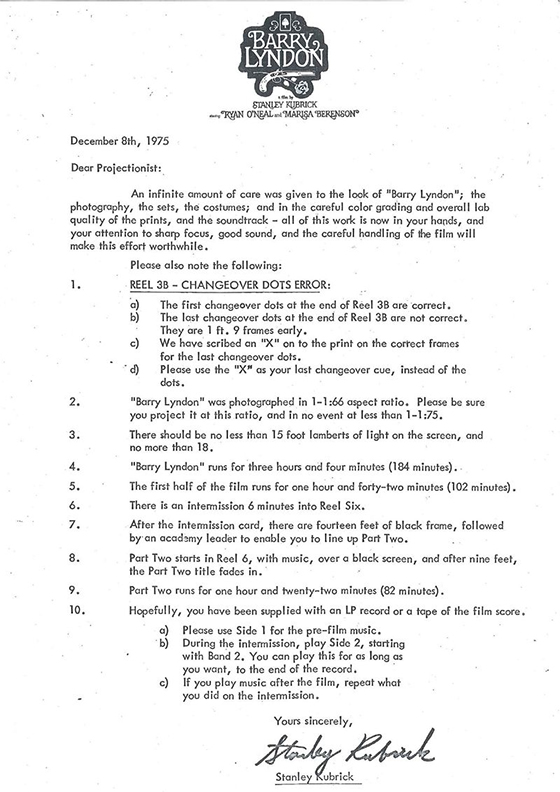 Kubrick Letter December 1975