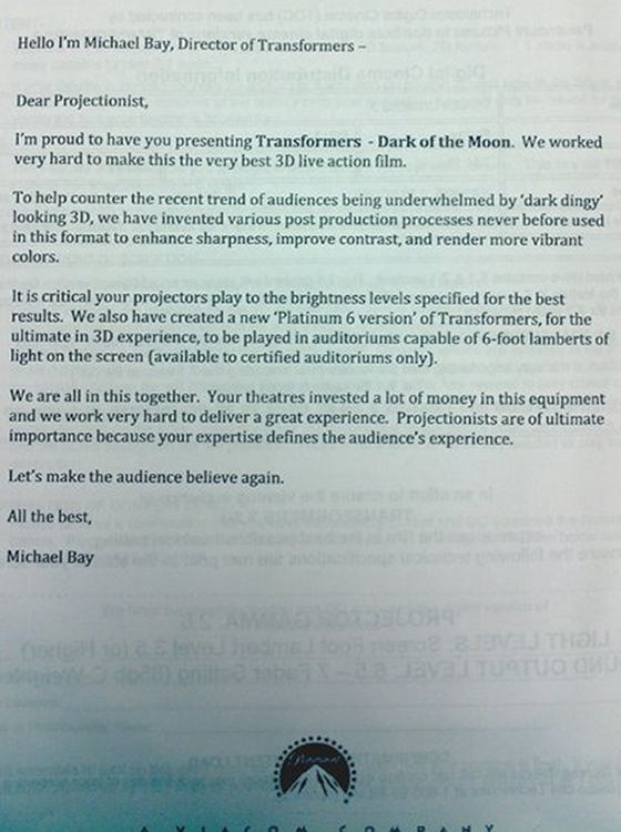 Michael Bay Transformers 3 Letter